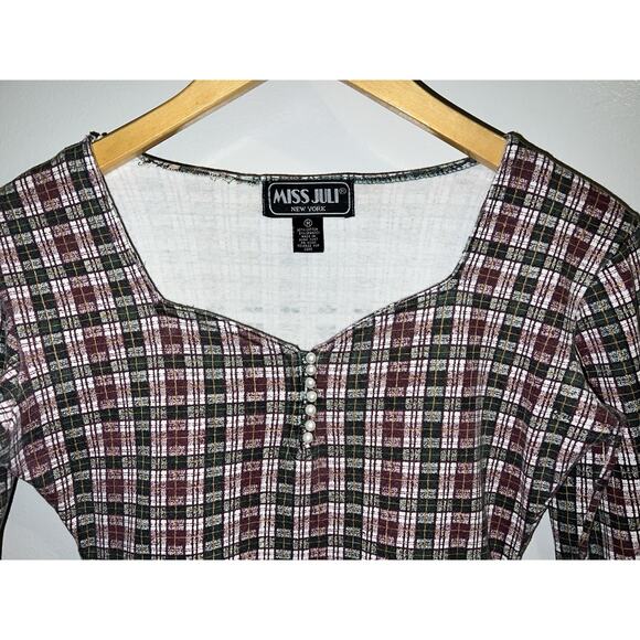 Vtg Miss Juli Bodysuit Top Leotard Purple Green Plaid Faux Pearl Buttons -Sz M - Picture 10 of 10